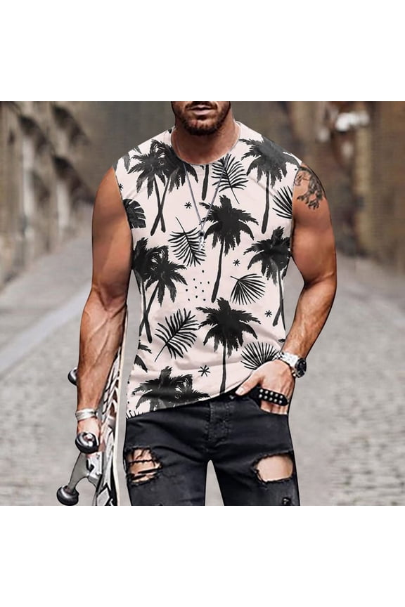 Hawaiian Tank Tops Men Crew Neck Muscle Top Palm Tree Print Sleeveless Vacation Hawaiian Graphic Tee Shirts Summer Beach Running Shirts Loose Fits M