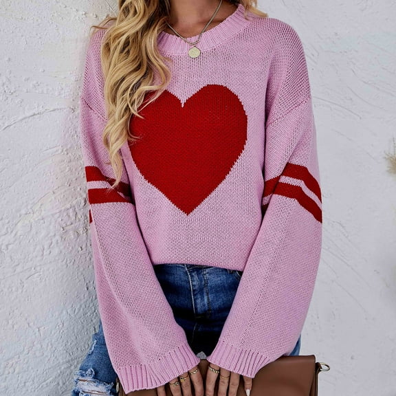 BEFOKA Heart Graphic Sweaters for Women 2025 Long Sleeve Print Knit Pullover Tops Winter Pullover Jumperes Tops Basic Top Loose Fits Dressy Work Tops Fall Fashion Outerwear