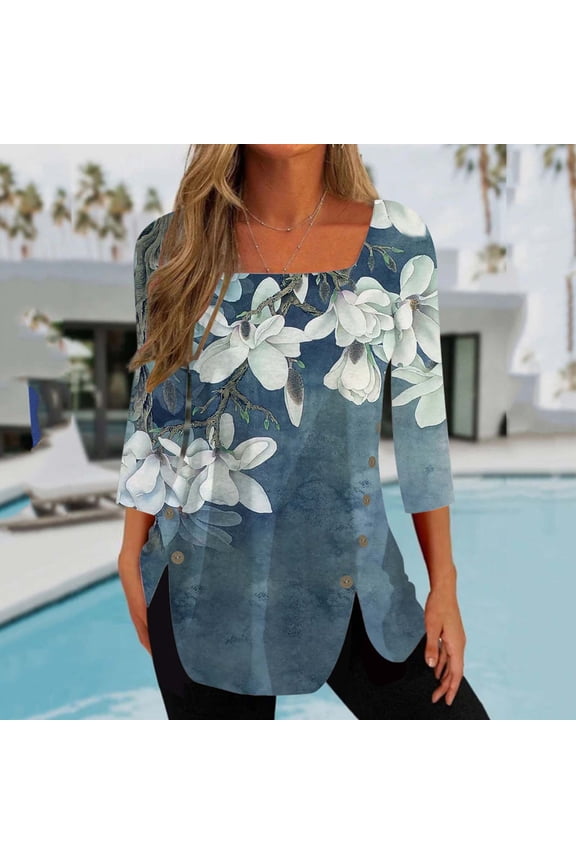 Irregular Hem Top Women 3/4 Long Sleeve Tunic Tops for Leggings Crew Neck Asymmetrical Hem Tops Floral Blouse Shirt Casual Tee Shirts Going Out Top Womens Loose Tops 2025 Plus Size