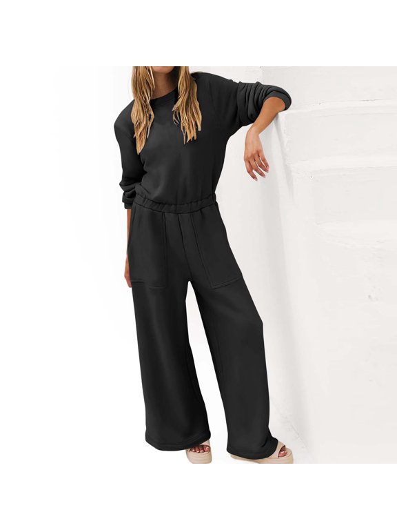Jumpsuits For Women Elegant Long Sleeve Wide Leg Pants One Piece Jumpsuits Baggy Overalls Crew Neck Going Out Rompers For Women 2026 L