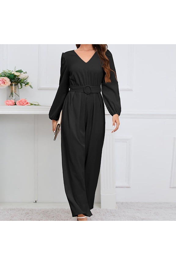 Jumpsuits For Women Elegant Long Sleeve Wide Leg Pants One Piece Jumpsuits Baggy Overalls Crew Neck Going Out Rompers For Women 2026 L