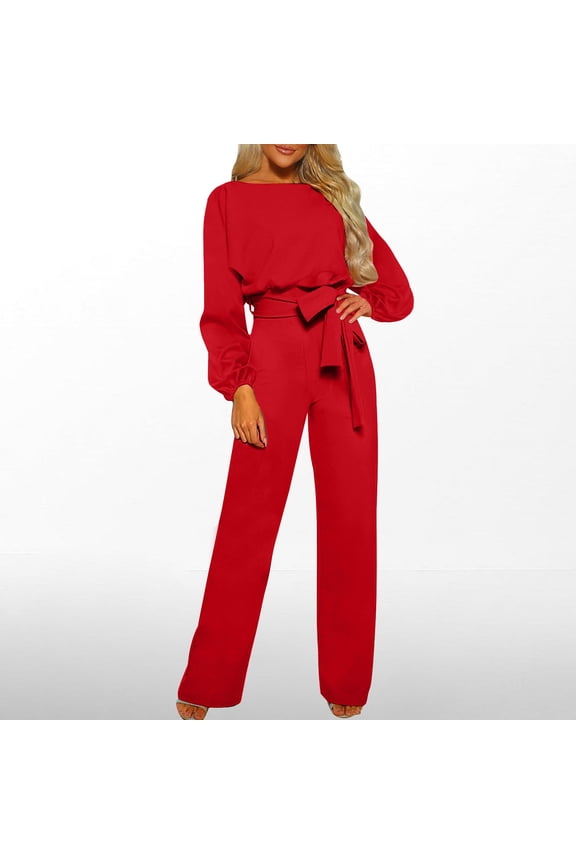 Jumpsuits For Women Elegant Long Sleeve Wide Leg Pants One Piece Jumpsuits Baggy Overalls Crew Neck Going Out Rompers For Women 2026 XS