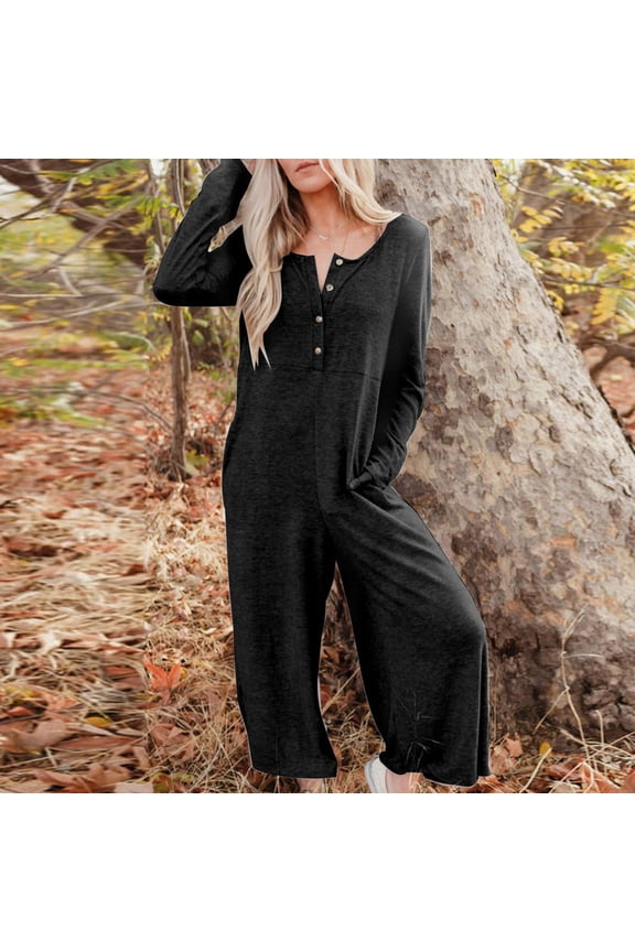 Jumpsuits For Women Long Sleeve Long Pants One Piece Jumpsuits Baggy Overalls Crew Neck Going Out Vacation Summer Rompers For Women 2026 L