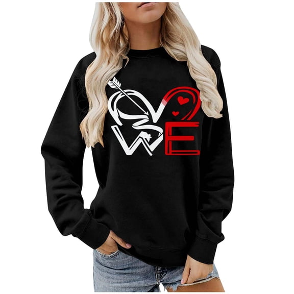 BEFOKA Long Sleeve Cute Shirts For Women Valentine'S Day Crew Neck Sweatshirts Love Heart Printed Ladies Blouses Womens Top Pullover Sweatshirt Graphic T-Shirtstrendy Tunic Outfits Clothes