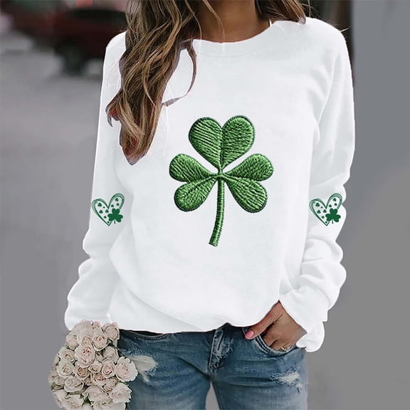 BEFOKA Long Sleeve Shirts For Women St Patrick'S Day Crew Neck Sweatshirts Irish Shamrock Printed Black Shirts Going Out Tops Plus Size Blouses Green Graphic Tshirts Tee Tops