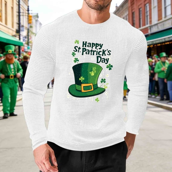 BEFOKA Long Sleeve T Shirt Men Waffle St Patrick'S Day Crewneck Sweatshirt Irish Shamrock Printed Pullover Sweatshirt Casual Tops Blouses For Men Dressy Casual Green Graphic Plus Size Shirt Funny