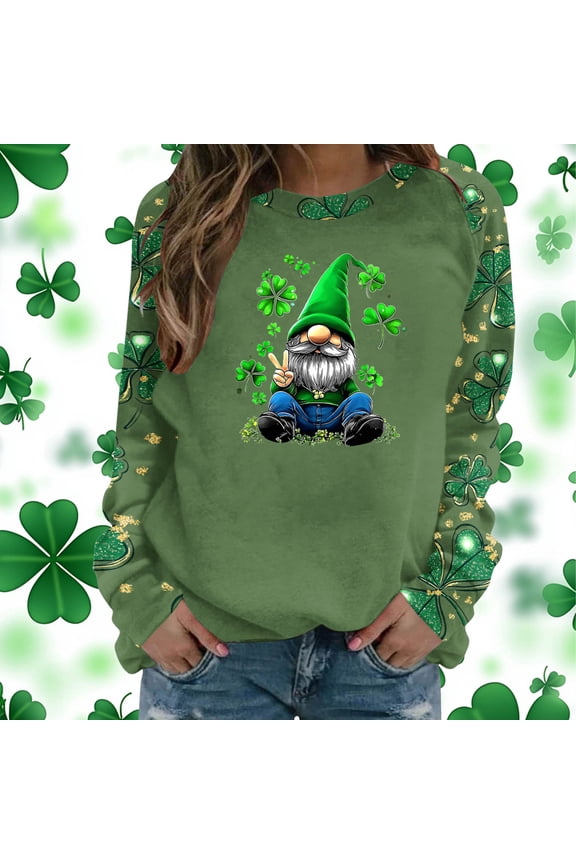 Long Sleeve Womens Tops St Patrick'S Day Crew Neck Sweatshirts Irish Shamrock Printed Pullover Sweatshirts Black Going Out Top Tees & Blouses Green Graphic Tops & T-Shirt