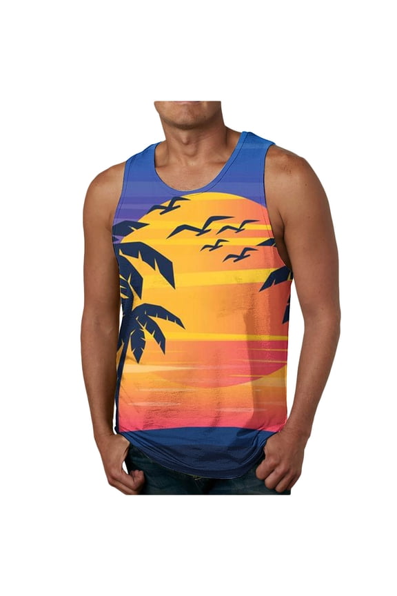 Men Hawaiian Tank Tops Palm Tree Print Undershirts Sleeveless Crew Neck Muscle Top Big And Tall Fitness Bodybuilding Shirts XXXXL