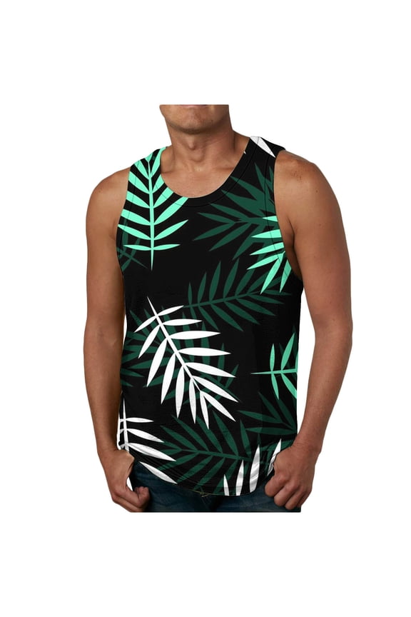 Men Hawaiian Tank Tops Palm Tree Print Undershirts Sleeveless Crew Neck Muscle Top Bodybuilding Shirts Big And Tall Fitness XL