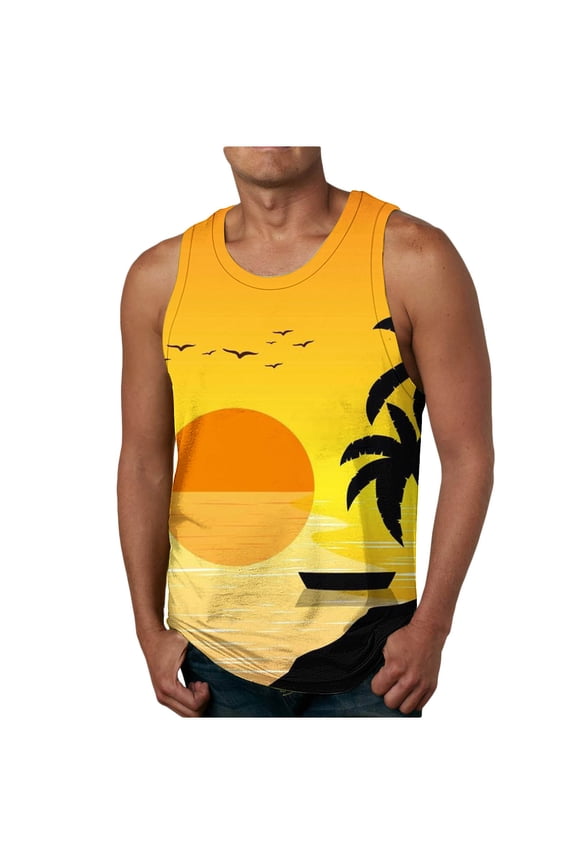 Mens Hawaiian Tank Top Sleeveless Palm Tree Print Undershirt Muscle Top Crew Neck Floral Shirts Bodybuilding Tees Athletic Fitted XXXXL