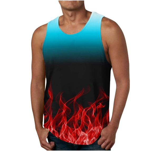 BEFOKA Mens Workout aiian Tank Tops Flame Print Muscle Top Sleeveless Crew Neck Hawaiian Cooling Beach Tee Shirt Casual Shirts Fitted L