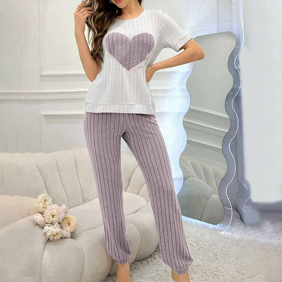 BEFOKA Pajamas For Women Set Shirt & Elastic Waist Pants Heart Print Crew Neck Graphic Pjs Pant Sleepwear Short Sleeve Pjs Soft 2 Piece Outfits S-Xxl