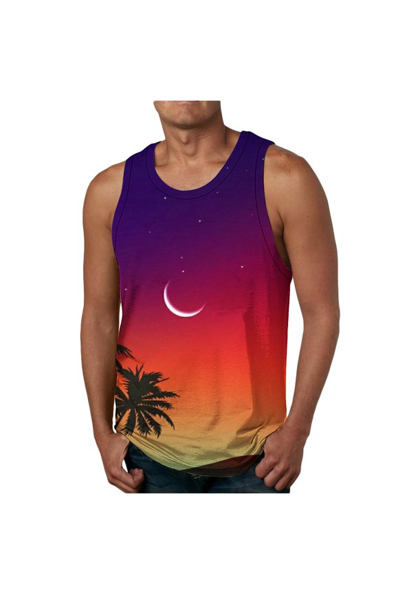 Palm Tree Print Mens Tank Top Sleeveless Crew Neck Muscle Top Hawaiian Relaxed Fits Summer Shirts For Gym Beach Running Athletic T Shirts L
