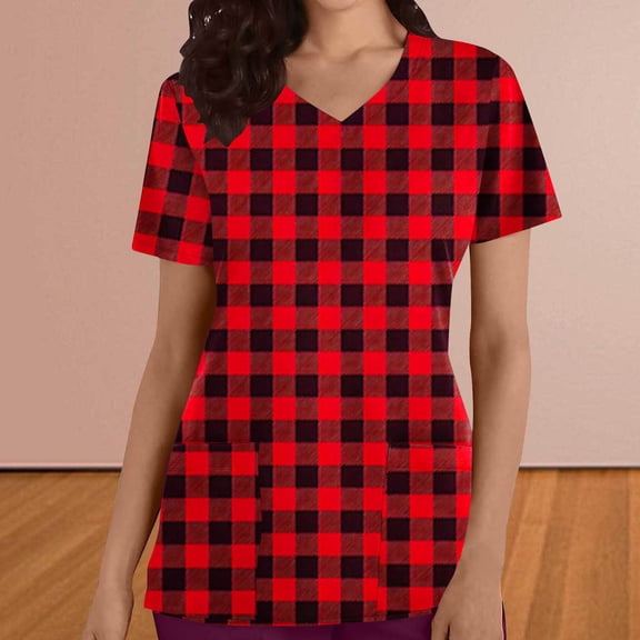 BEFOKA Plaid Printed Scrub Tops Women Short Sleeve V Neck Medicals Nurse Shirt Soft Casual Uniform with Pockets 2025 Scrub Tops for Women Comfortable Work Uniform