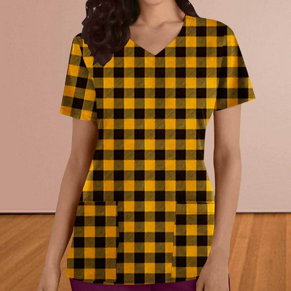 BEFOKA Plaid Printed Scrub Tops Women Short Sleeve V Neck Medicals Nurse Shirt Soft Casual Uniform with Pockets 2025 Scrub Tops for Women Comfortable Work Uniform