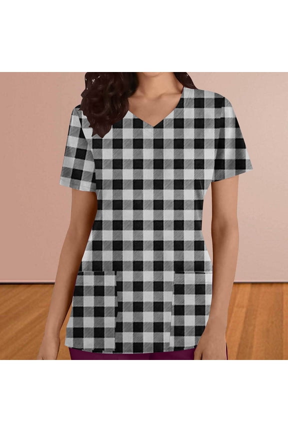 Plaid Printed Scrub Tops Women Short Sleeve V Neck Medicals Nurse Shirt Soft Casual Uniform with Pockets 2025 Scrub Tops for Women Comfortable Work Uniform