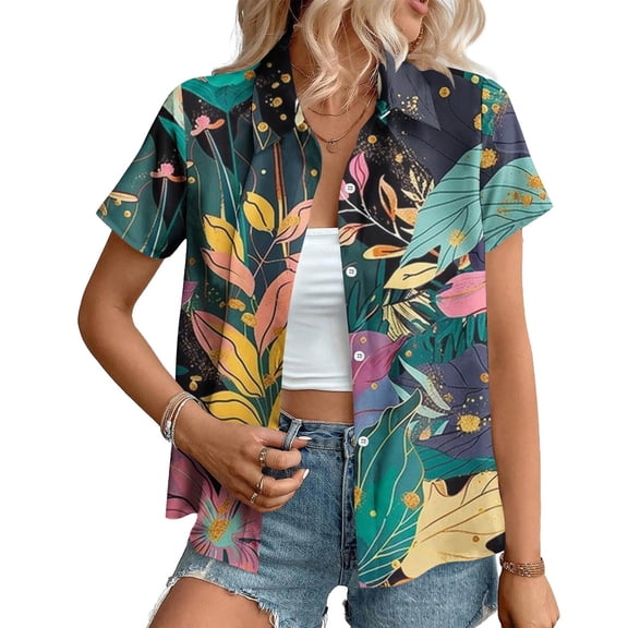 BEFOKA Plus Size Women's Hawaiian Shirts: Spring & Summer Floral Tropics Print Blouse with V-Neck, Short Sleeves & Buttons for Going Out S_XXXXXL
