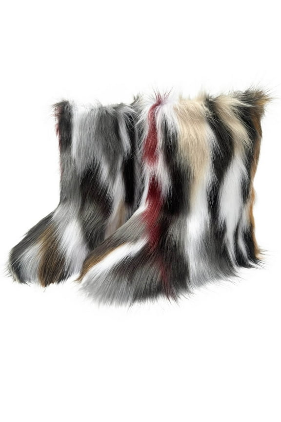 Print Snow Boots for Women 2025 Fuzzy Boots Winter Knee High Flat Heel Faux Furs Boots Woman Fluffys Warm Snow Boots Mid-Calf Comfortable Outdoor Flat Warm Comfortable Outdoor Flat Shoes