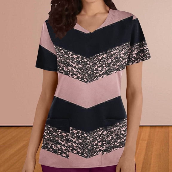 BEFOKA Scrub Tops Women Short Sleeve V Neck Medicals Nurse Shirt Retroes Printed Soft Casual Uniform with Pockets 2025 Scrub Tops for Women Comfortable Work Uniform
