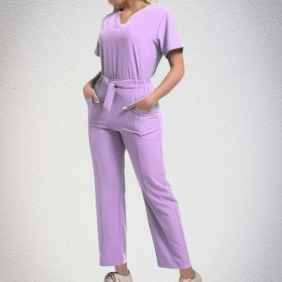 BEFOKA Scrub Tops and Pant for Women Short Sleeve V Neck Men Nursing Uniforms Working Nurse Unifrom with Pockets 2PC
