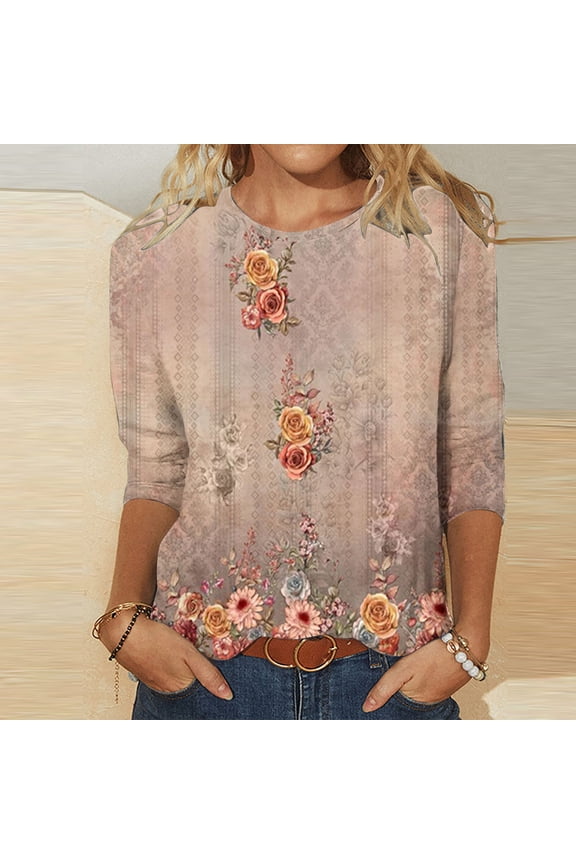 Shirts for Women Casual Tee Shirts 2025 Crew Neck Basic Tees Shirts 3/4 Long Sleeve Floral Graphic Pullover Tops for Women Trendy Sweatshirts Gift Tops Blouse Outfits S_XXL
