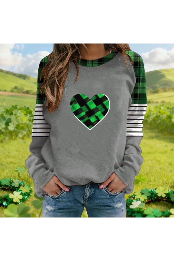 Shirts For Women Raglan Long Sleeve St Patrick'S Day Crew Neck Sweatshirts Irish Shamrock Printed Pullover Work Tops Blouses Dressy Casual Green Plaid Heart Graphic T-Shirts Womens Tees