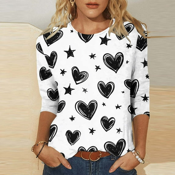 BEFOKA Shirts For Women Valentine'S Day Crewneck Sweatshirt 3/4 Long Sleeve Love Heart Printed Blouses Tops, Tees & Blouses Pullover Sweatshirt Spring Fall Graphic T-Shirt Holiday Tee Tops