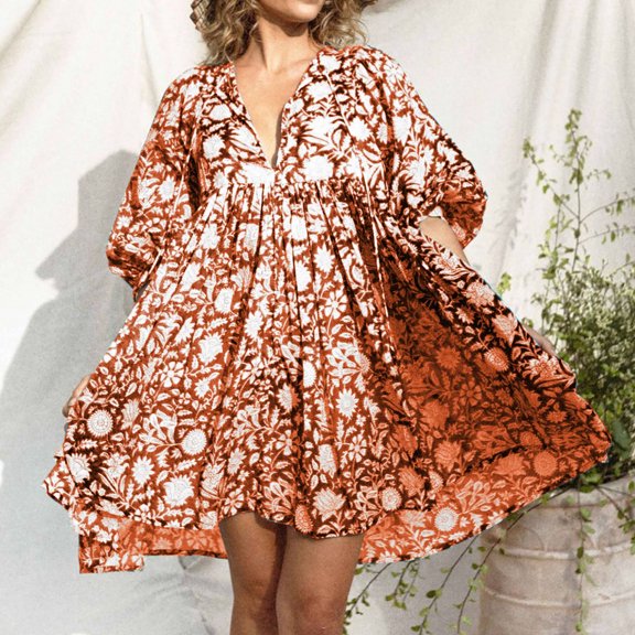 BEFOKA Short Sleeve Dress for Women 2025 Casual Tunic Shirts V Neck Fall Tops Floral Graphic Button Up Blouse Dressy Loose T-Shirts Plus Size S_XL