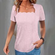BEFOKA Short Sleeve Woman Shirts Squre Neck Summer Tops Ladies Pullover Sweatshirts Solid For Work Dressy Casual Beach Vacation L