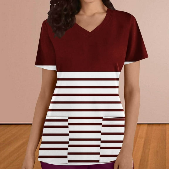 BEFOKA Stripe Printed Scrub Tops Women Short Sleeve V Neck Medicals Nurse Shirt Soft Casual Uniform with Pockets 2025 Scrub Tops for Women Comfortable Work Uniform