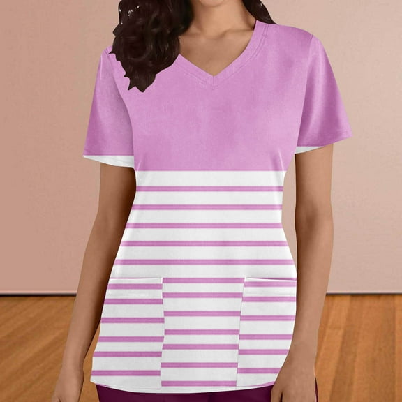 BEFOKA Stripe Printed Scrub Tops Women Short Sleeve V Neck Medicals Nurse Shirt Soft Casual Uniform with Pockets 2025 Scrub Tops for Women Comfortable Work Uniform