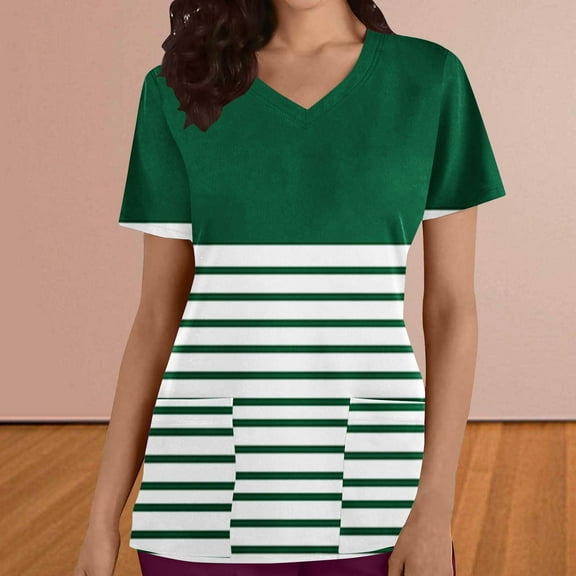 BEFOKA Stripe Printed Scrub Tops Women Short Sleeve V Neck Medicals Nurse Shirt Soft Casual Uniform with Pockets 2025 Scrub Tops for Women Comfortable Work Uniform
