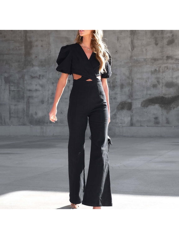 Summer Demin Jumpsuits For Women Fashion Short Sleeve Loose Wide Leg One Piece Jumpsuits Baggy Overalls Crewneck Going Out Vacation Summer Rompers For Women 2026 Streetwear XL