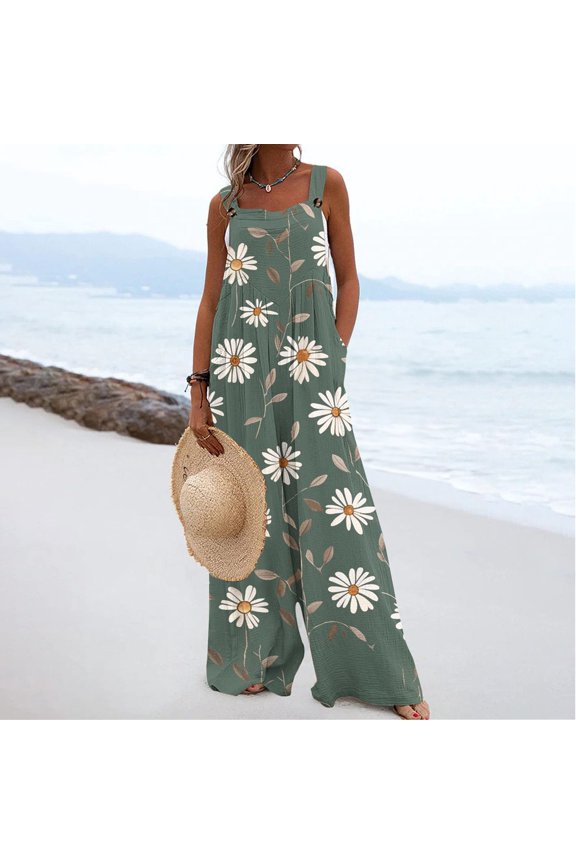 Summer Jumpsuits For Women Flower Wide Leg Pants One Piece Jumpsuits Baggy Overalls Date Night Vacation Womens Rompers For Summer L