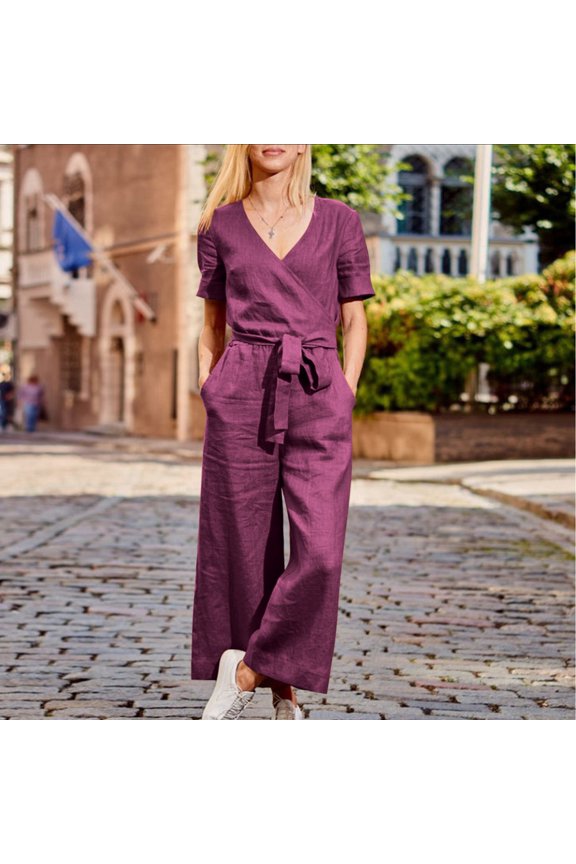 Summer Jumpsuits For Women 2026 Dressy Short Sleeve Drawtring Loose Wide Leg One Piece Jumpsuits V Neck Baggy Overalls Business Rompers For Women S