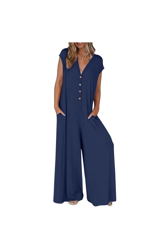 Summer Jumpsuits For Women 2026 Formal Sleeveless Loose Wide Leg One Piece Jumpsuits Button V Neck Baggy Overalls Beach Vacation Summer Rompers S