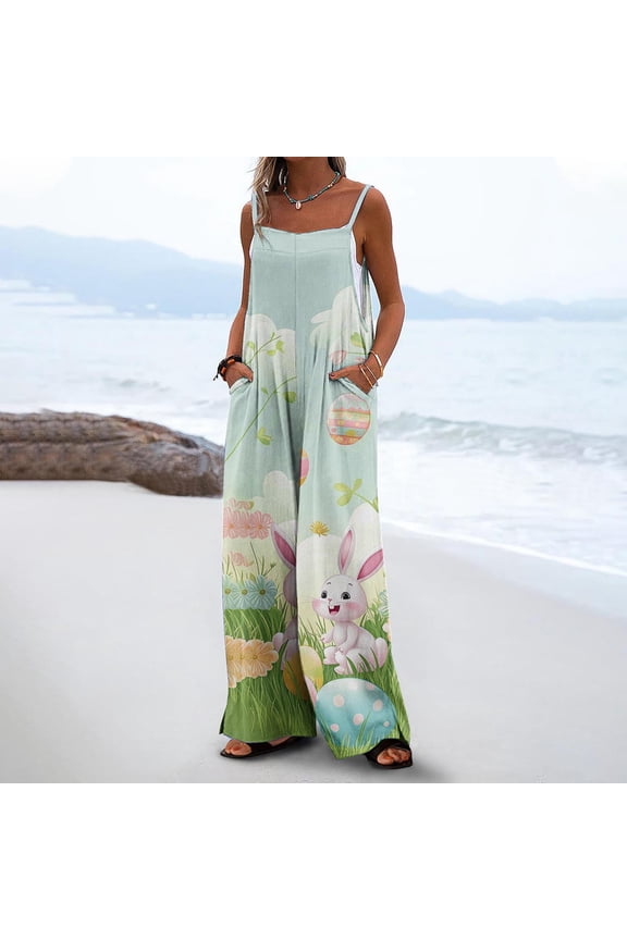 Summer Jumpsuits For Women 2026 Graphic Sleeveless Adjustable Spaghetti Strap Loose Wide Leg One Piece Jumpsuits Baggy Overalls Crewneck Vacation Beach Summer Rompers For Women XXL