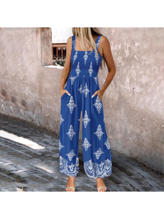 Summer Jumpsuits For Women Casual Sleeveless Elastic Waist Wide Leg Pants One Piece Jumpsuits Floral Baggy Overalls Going Out Vacation Summer Rompers For Women 2026 L