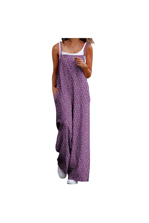 Summer Jumpsuits For Women Floral Sleeveless Adjustable Spaghetti Strap Wide Leg Pants One Piece Jumpsuits Baggy Overalls Crew Neck Walking Clothes For Wedding Travel Casual M
