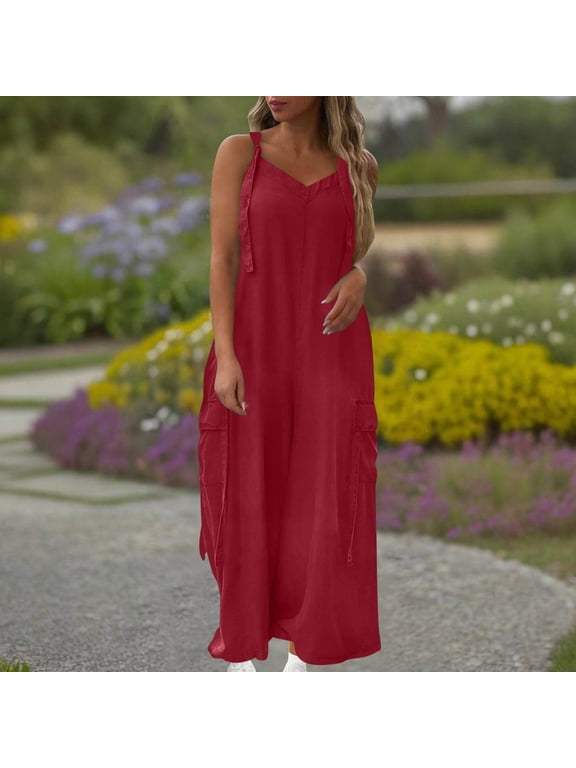 Summer Jumpsuits For Women Sleeveless Adjustable Strap Loose Wide Leg One Piece Jumpsuits Baggy Overalls Crewneck Going Out Vacation Summer Rompers For Women 2026 Streetwear S