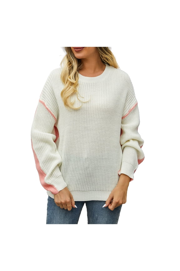 Sweaters for Women 2025 Long Sleeve Contrast Knit Pullover Tops Winter Pullover Jumperes TopsDressy Work Tops Fall Fashion Outerwear Basic Top Loose Fits