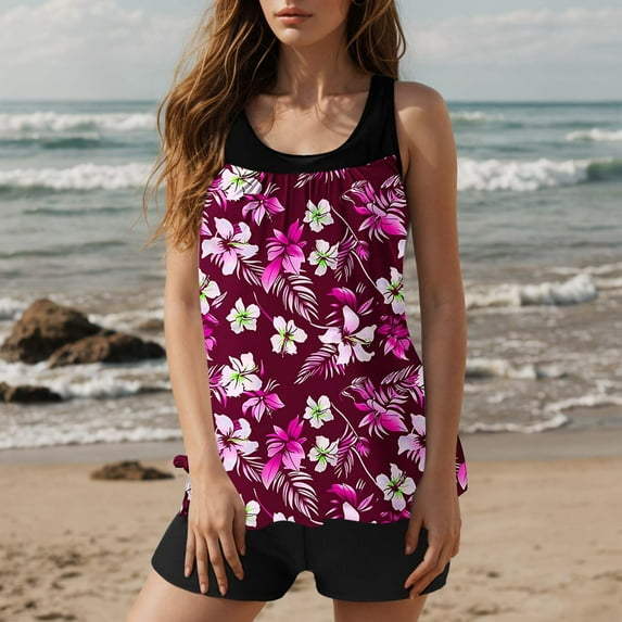 BEFOKA Tankini Swimsuits Set For Women Tummy Control Floral Print Bathing Suits Ruched Scoop Neck Modest Swim Tank Top Two Piece Swimsuits For Women Swim Suit Swimwear With Sporty Swim Shorts