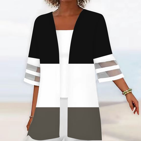 BEFOKA Women Casual Summer Tops Cover up 3/4 Length Puff Sleeve Open Front Kimonos Cardigans Floral Print Resort Wear Beach Cover Ups for Women Casual Blouses Loose Fits S-XXL