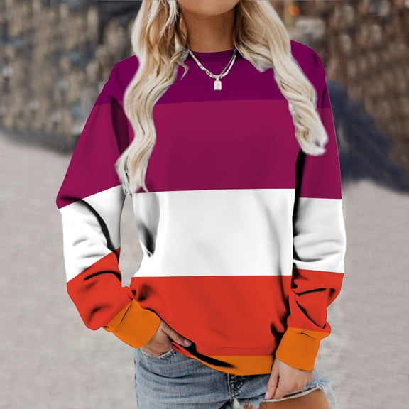 BEFOKA Women Color Blocking Sweatshirt Trendy Drop Shoulder Long Sleeve Top Round Neck Pullover Blouse Shirts Going Out Top Womens Loose Tops 2025 Light Women's Basic Tops