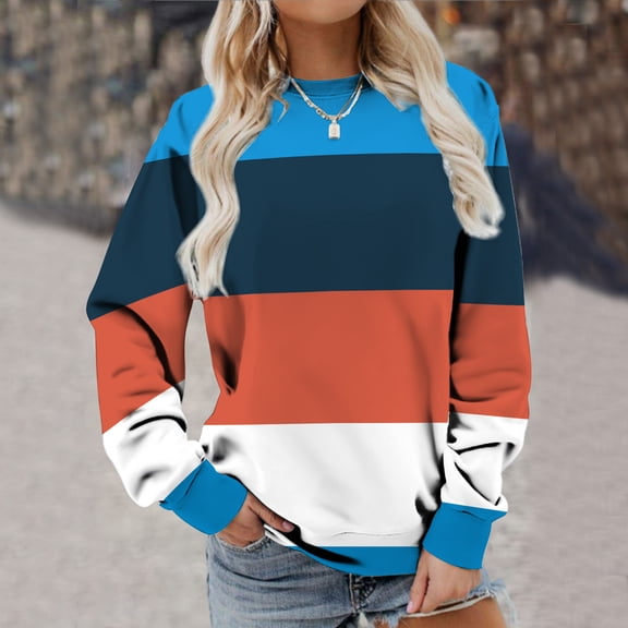 BEFOKA Women Color Blocking Sweatshirt Trendy Drop Shoulder Long Sleeve Top Round Neck Pullover Blouse Shirts Going Out Top Womens Loose Tops 2025 Light Women's Basic Tops