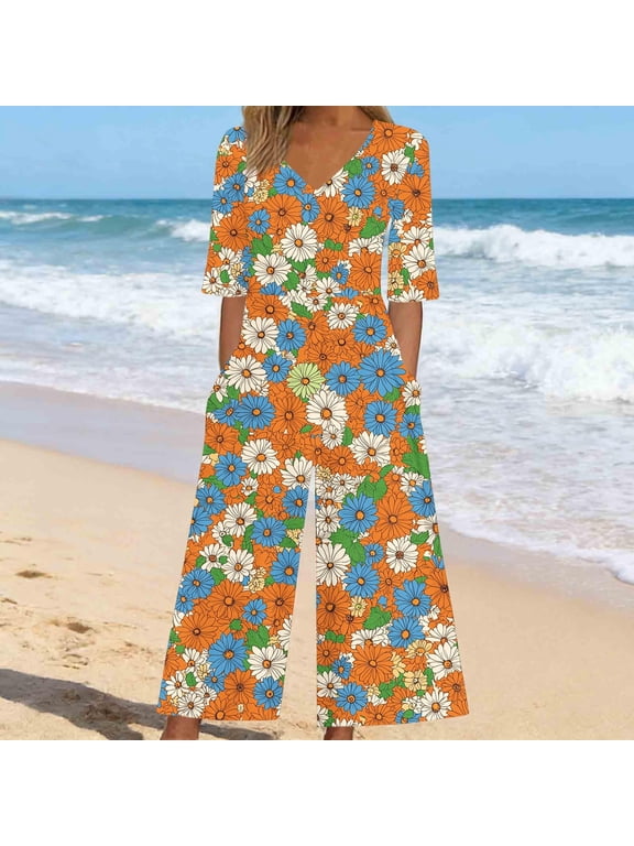 Women Jumpsuits Baggy Capri Pants 3/4 Sleeve V Neck Baggy Overalls Floral Casual Hawaii One Piece Jumpsuits with Pocket Womens Rompers For Summer Going Out Beach Vocation M