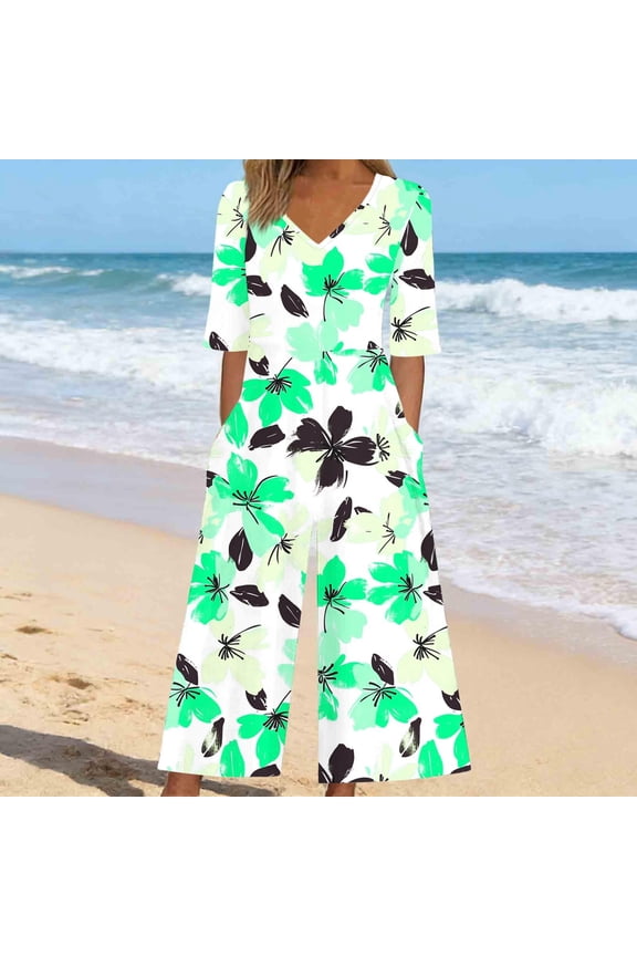 Women Jumpsuits Casual Hawaii One Piece Jumpsuits with Pocket Baggy Capri Pants 3/4 Sleeve V Neck Baggy Overalls Floral Womens Rompers For Summer Going Out Beach Vocation S