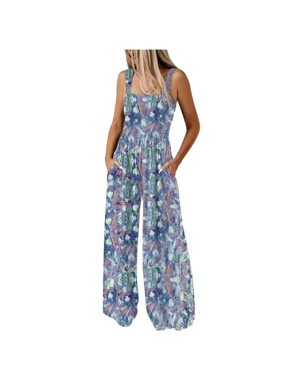 Women Jumpsuits Casual Sleeveless Wide Leg Long Pants Floral Elastic Waist One Piece Jumpsuits Baggy Overalls Crewneck Beach Vacation Outfits Travel Clothes M