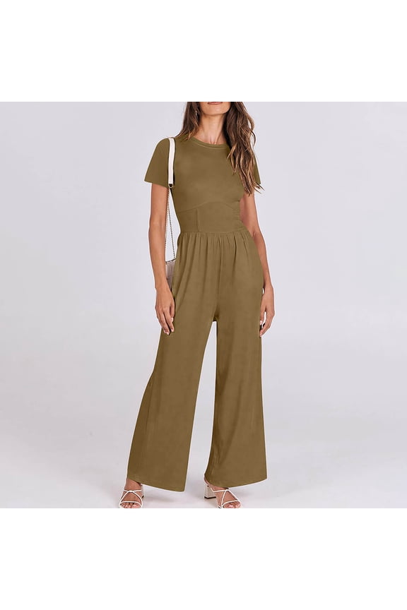 Women Jumpsuits Kitted Baggy Long Pants Dressy Sleeveless Short Sleeve One Piece Jumpsuits Baggy Overalls Crewneck Date Night Vacation Womens Rompers For Summer M