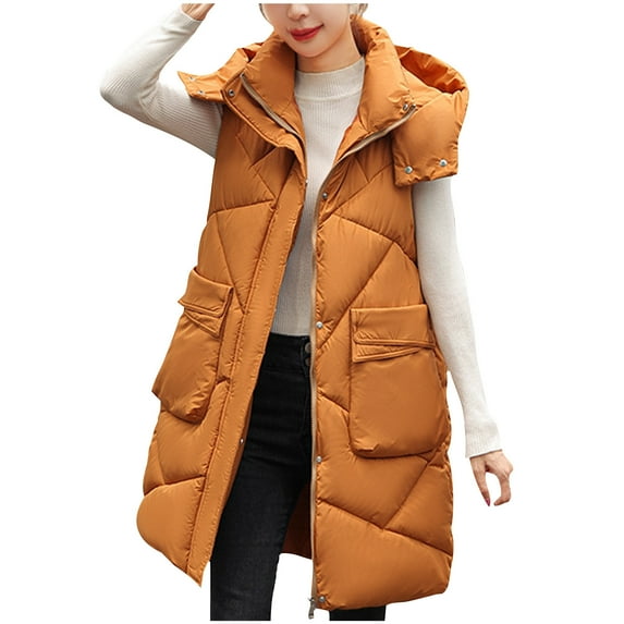 BEFOKA Women Long Vests Solid Color Sleeveless Button Up Sleeveless Coats Winter Puffer Vests Outwear